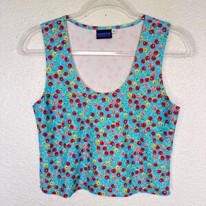 Elhoffer Tank Top Womens Large Cherry Floral Buffy Crop Cherries Print Stretch